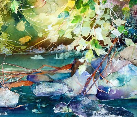 Greenville River, 48"w x 28"h, watercolor collage, $3800