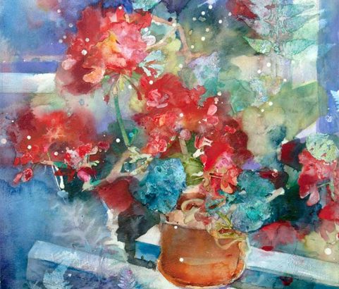 Calliope (Geranium), 36”w x 27”h , watercolor collage, $3000